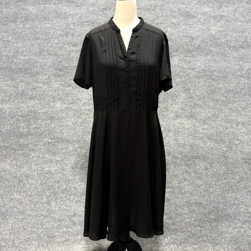 Nanette Lepore Dress Womens 14 Black Henley Fit Flare Midi Pleated Workwear